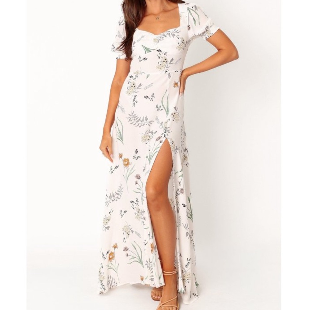 Petal & Pup White Floral Maxi Dress with Green and Tan Print